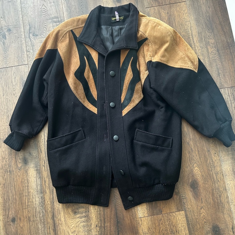 Michelle Francois Black Wool Blend Jacket with Tan Suede Yoke